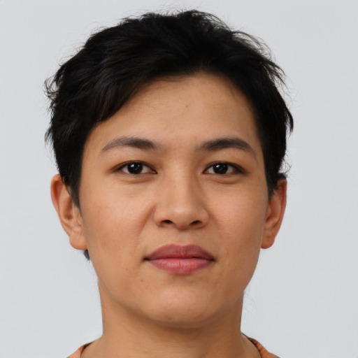 Joyful asian young-adult female with short  brown hair and brown eyes