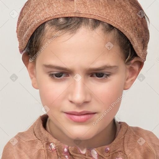 Joyful white child female with short  brown hair and brown eyes