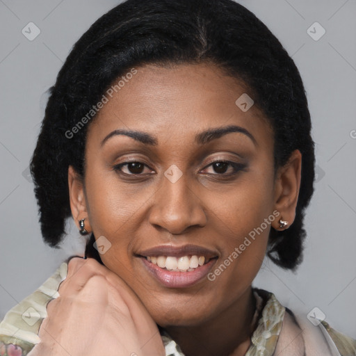 Joyful latino young-adult female with medium  brown hair and brown eyes