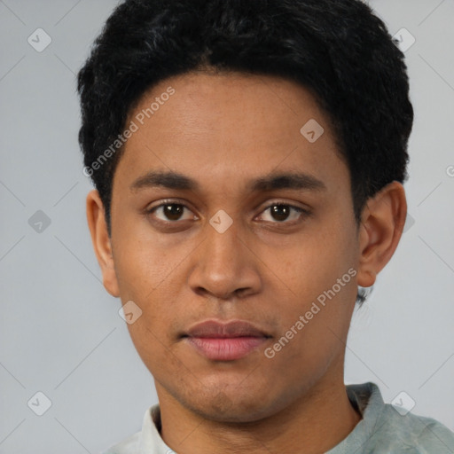 Neutral latino young-adult male with short  black hair and brown eyes