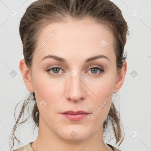 Neutral white young-adult female with medium  brown hair and grey eyes