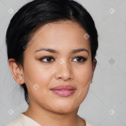 Joyful latino young-adult female with medium  brown hair and brown eyes