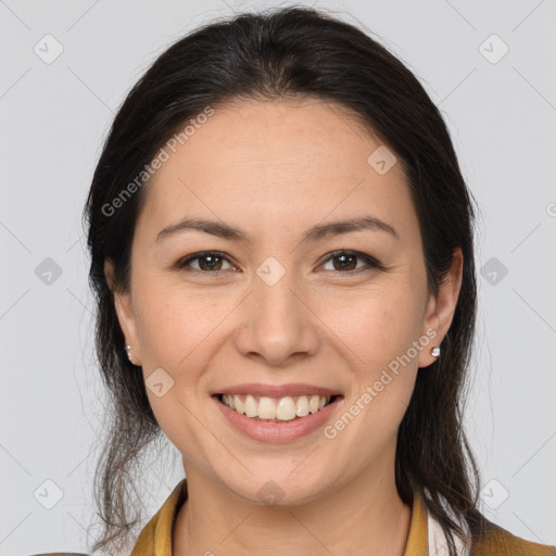 Joyful white young-adult female with medium  brown hair and brown eyes