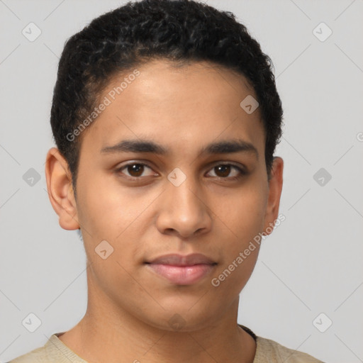 Neutral latino young-adult male with short  brown hair and brown eyes