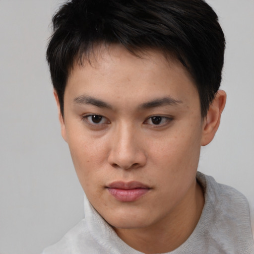 Neutral asian young-adult female with short  brown hair and brown eyes