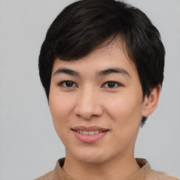 Joyful asian young-adult female with short  brown hair and brown eyes