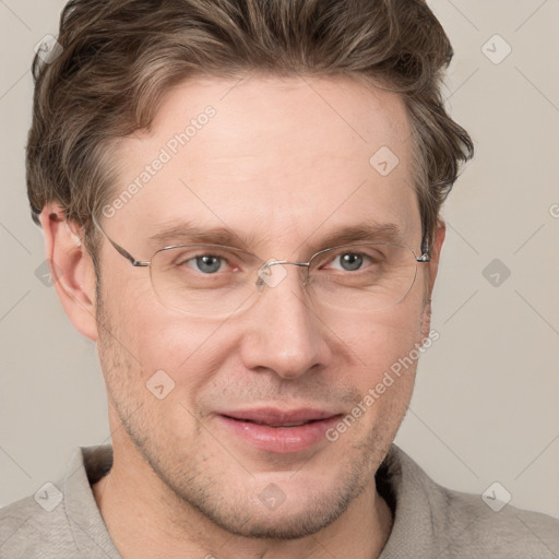 Joyful white adult male with short  brown hair and grey eyes