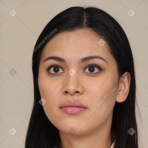 Neutral asian young-adult female with long  black hair and brown eyes