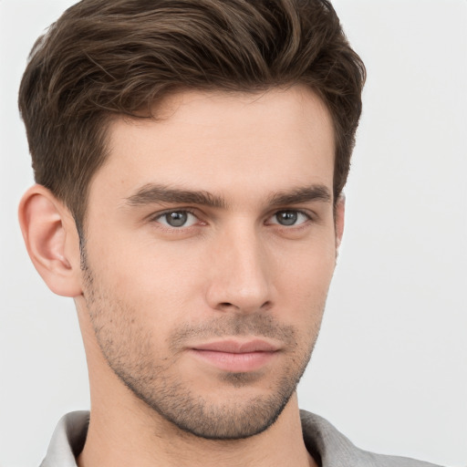 Neutral white young-adult male with short  brown hair and brown eyes