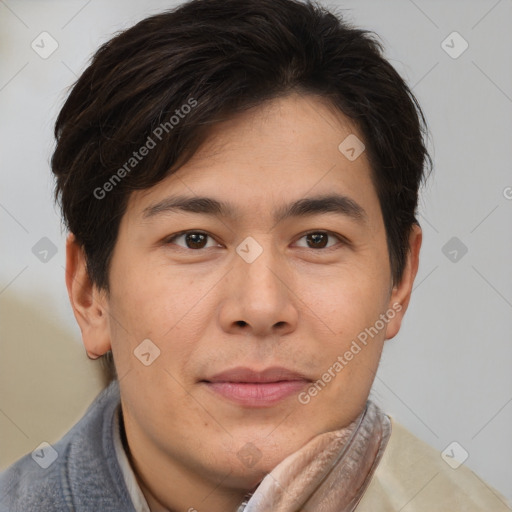 Joyful asian young-adult male with short  brown hair and brown eyes