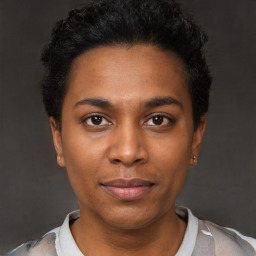 Neutral black young-adult female with short  black hair and brown eyes