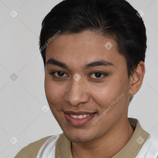 Joyful latino young-adult female with short  brown hair and brown eyes