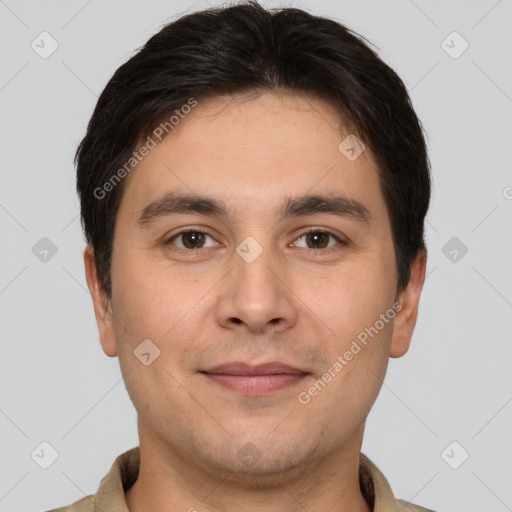 Joyful white young-adult male with short  brown hair and brown eyes