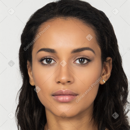 Neutral latino young-adult female with long  black hair and brown eyes