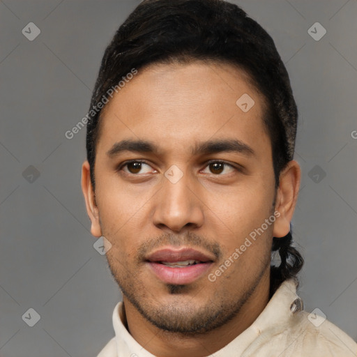 Neutral latino young-adult male with short  black hair and brown eyes