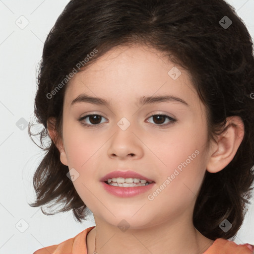 Joyful white child female with medium  brown hair and brown eyes