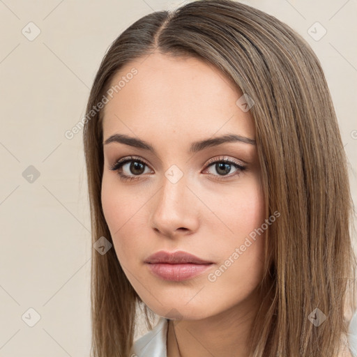 Neutral white young-adult female with long  brown hair and brown eyes