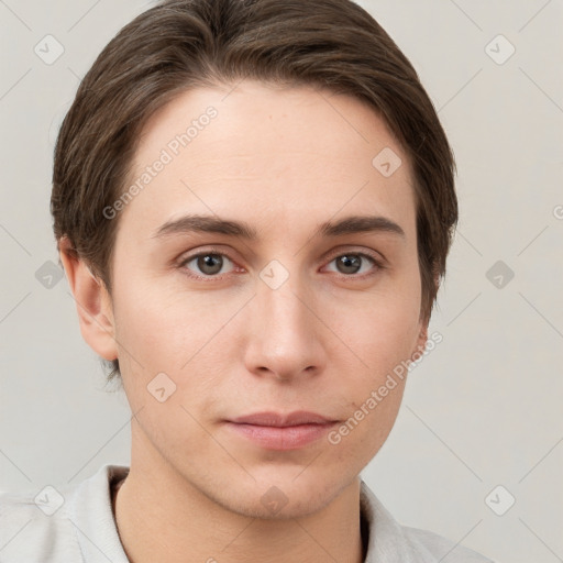 Neutral white young-adult female with short  brown hair and grey eyes