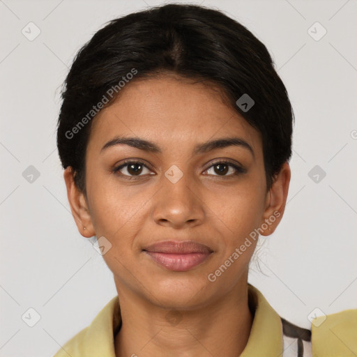 Joyful latino young-adult female with short  brown hair and brown eyes