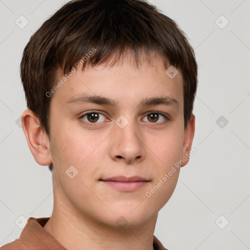 Neutral white young-adult male with short  brown hair and grey eyes