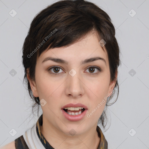 Joyful white young-adult female with medium  brown hair and brown eyes