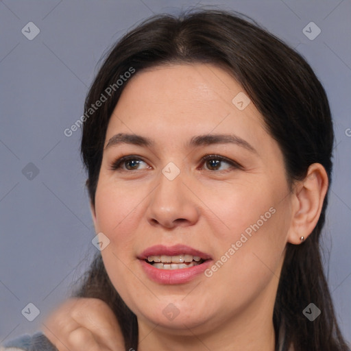 Joyful white adult female with medium  brown hair and brown eyes