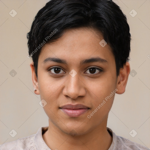 Joyful latino young-adult female with short  black hair and brown eyes