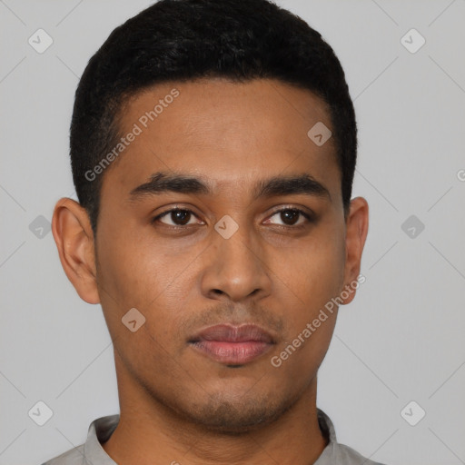 Neutral latino young-adult male with short  black hair and brown eyes