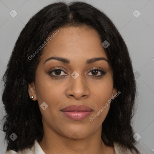 Joyful black young-adult female with medium  brown hair and brown eyes