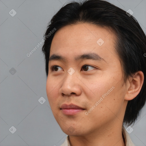 Neutral asian young-adult male with short  black hair and brown eyes