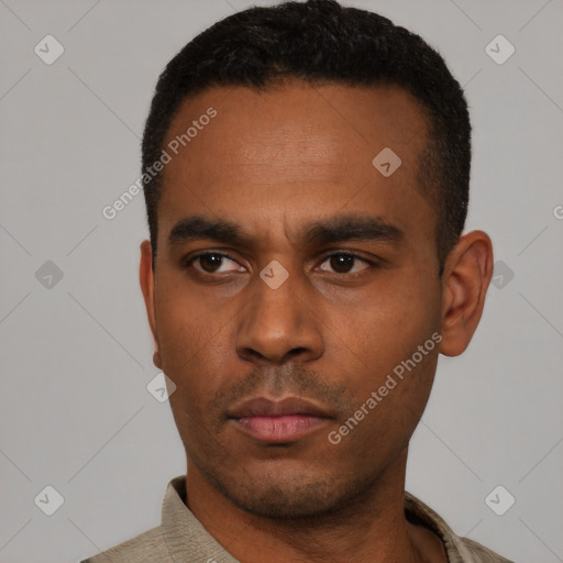 Neutral latino young-adult male with short  black hair and brown eyes