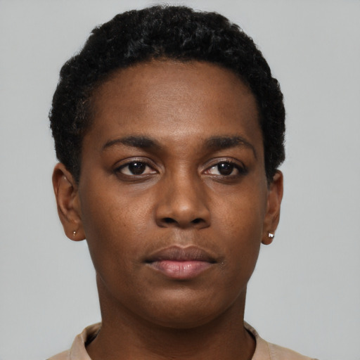 Neutral black young-adult female with short  black hair and brown eyes