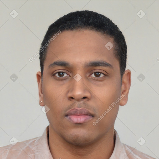 Neutral latino young-adult male with short  black hair and brown eyes