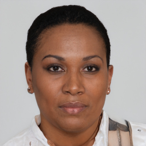 Neutral black young-adult female with short  black hair and brown eyes