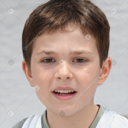 Joyful white child male with short  brown hair and brown eyes