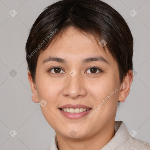 Joyful white young-adult female with short  brown hair and brown eyes