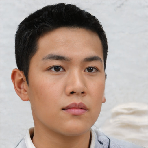 Neutral asian young-adult male with short  black hair and brown eyes