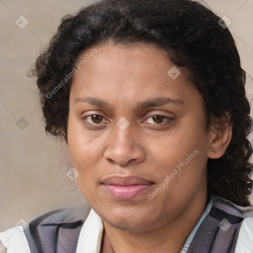 Joyful latino adult female with short  brown hair and brown eyes