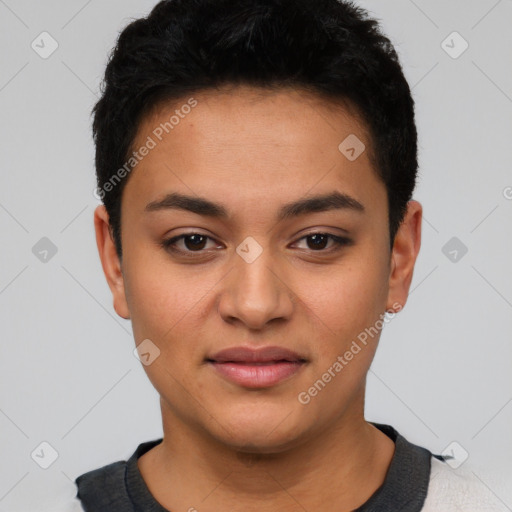 Joyful latino young-adult female with short  black hair and brown eyes