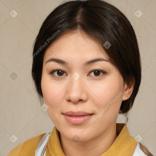 Neutral white young-adult female with medium  brown hair and brown eyes