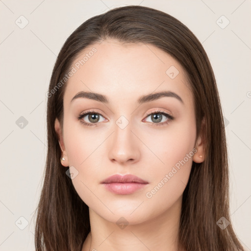 Neutral white young-adult female with long  brown hair and brown eyes