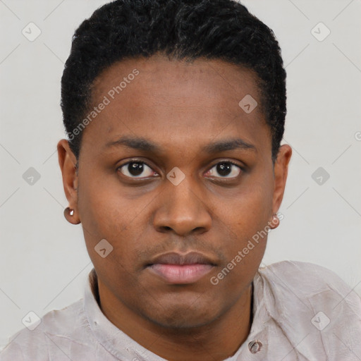 Neutral black young-adult male with short  black hair and brown eyes