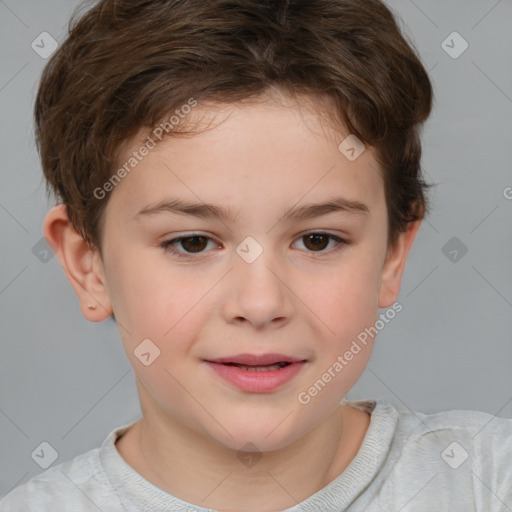 Joyful white child female with short  brown hair and brown eyes