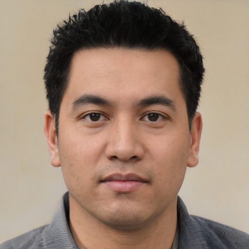 Neutral asian young-adult male with short  black hair and brown eyes