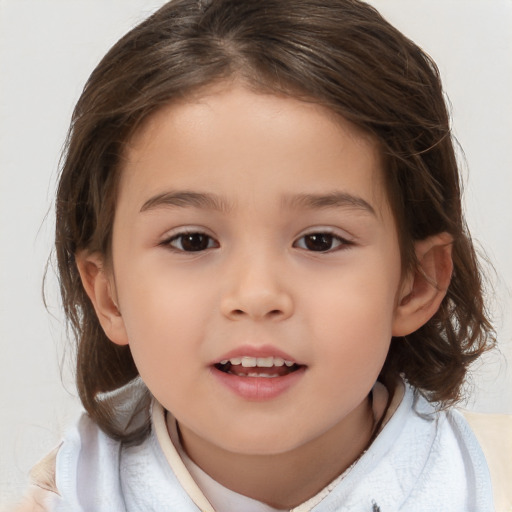 Joyful white child female with medium  brown hair and brown eyes