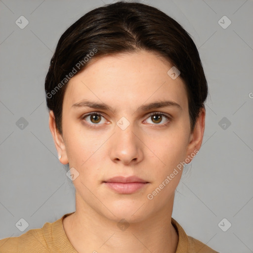 Neutral white young-adult female with short  brown hair and brown eyes