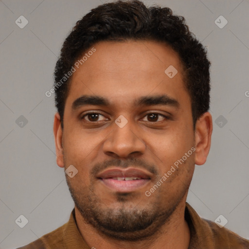Neutral black young-adult male with short  black hair and brown eyes