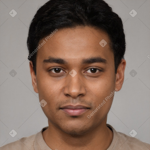 Neutral latino young-adult male with short  black hair and brown eyes