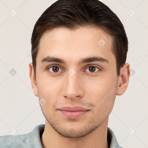 Neutral white young-adult male with short  brown hair and brown eyes