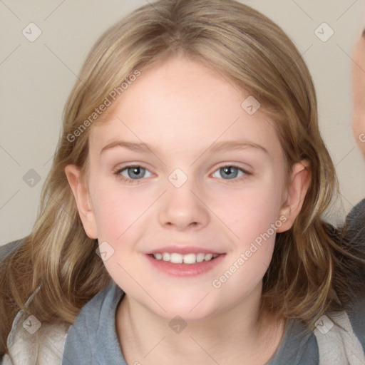 Joyful white child female with medium  brown hair and blue eyes